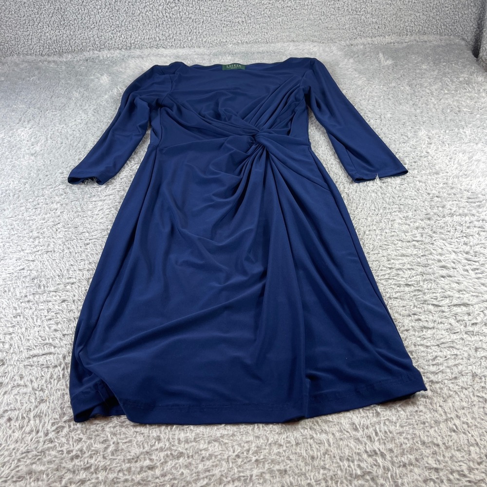 Lauren Ralph Lauren Navy Blue Twist Front Sheath Dress 3/4 Sleeve Size 8